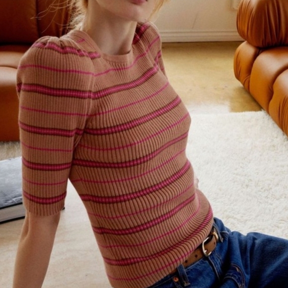 Nation LTD Ribbed Crew Neck Sweater - Pink and Tan Small New - Picture 3 of 8